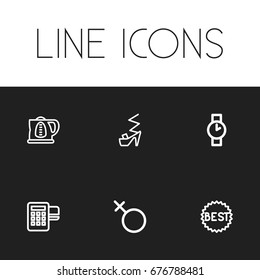 Set Of 6 Editable Business Icons. Includes Symbols Such As Boy Symbol, Kettle, Wristwatch And More. Can Be Used For Web, Mobile, UI And Infographic Design.