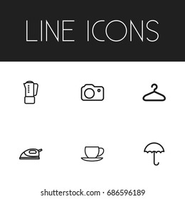 Set Of 6 Editable Business Outline Icons. Includes Symbols Such As Hanger, Mixing, Ironing And More. Can Be Used For Web, Mobile, UI And Infographic Design.