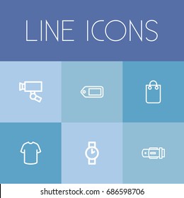 Set Of 6 Editable Business Outline Icons. Includes Symbols Such As Tag, T-Shirt, Wristwatch And More. Can Be Used For Web, Mobile, UI And Infographic Design.