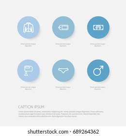 Set Of 6 Editable Business Outline Icons. Includes Symbols Such As Tag, Coat, Lingerie And More. Can Be Used For Web, Mobile, UI And Infographic Design.