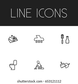 Set Of 6 Editable Cleaning Icons. Includes Symbols Such As Lavatory, Wiping, Tools And More. Can Be Used For Web, Mobile, UI And Infographic Design.