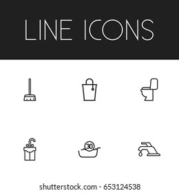 Set Of 6 Editable Cleaning Icons. Includes Symbols Such As 30 Degrees, Valve, Besom And More. Can Be Used For Web, Mobile, UI And Infographic Design.
