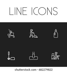 Set Of 6 Editable Cleaning Outline Icons. Includes Symbols Such As Sweeper, Washing Liquid, Toilet Brush And More. Can Be Used For Web, Mobile, UI And Infographic Design.