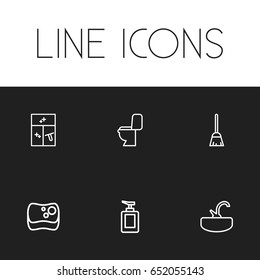 Set Of 6 Editable Cleanup Icons. Includes Symbols Such As Lavatory, Cleaning Window, Sponge And More. Can Be Used For Web, Mobile, UI And Infographic Design.