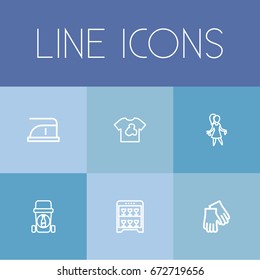 Set Of 6 Editable Cleanup Icons. Includes Symbols Such As Housekeeping, Machine, Beauty And More. Can Be Used For Web, Mobile, UI And Infographic Design.