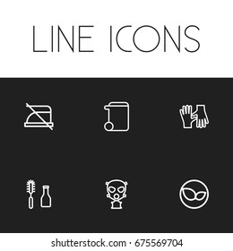 Set Of 6 Editable Cleanup Icons. Includes Symbols Such As Respirator, Tools, Do Not Iron And More. Can Be Used For Web, Mobile, UI And Infographic Design.