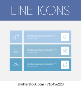 Set Of 6 Editable Climate Outline Icons. Includes Symbols Such As Laughing Solar, Scale Of Temperature, Sunrise And More. Can Be Used For Web, Mobile, UI And Infographic Design.