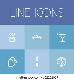 Set Of 6 Editable Cook Outline Icons. Includes Symbols Such As Toast, Spatula, Oven-Glove And More. Can Be Used For Web, Mobile, UI And Infographic Design.