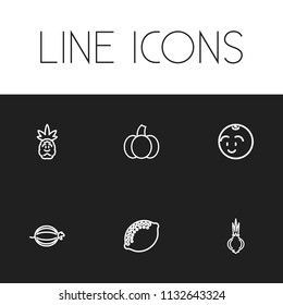Set of 6 editable cooking icons line style. Includes symbols such as smiling ball, tropical fruit, garlic and more. Can be used for web, mobile, UI and infographic design.