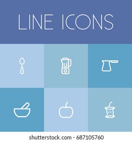 Set Of 6 Editable Cooking Outline Icons. Includes Symbols Such As Cezve, Tablespoon, Dish And More. Can Be Used For Web, Mobile, UI And Infographic Design.