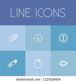 Set of 6 editable cookware icons line style. Includes symbols such as bulgarian bell, juniper, cucumber and more. Can be used for web, mobile, UI and infographic design.