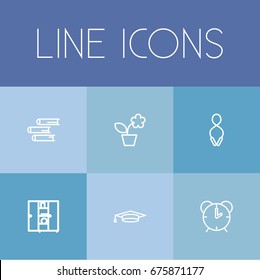 Set Of 6 Editable Education Icons. Includes Symbols Such As Jumping, Clock, Flowerpot And More. Can Be Used For Web, Mobile, UI And Infographic Design.