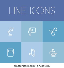 Set Of 6 Editable Education Outline Icons. Includes Symbols Such As Music Sign, Eyepiece, Seminar And More. Can Be Used For Web, Mobile, UI And Infographic Design.