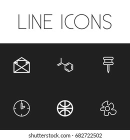 Set Of 6 Editable Education Outline Icons. Includes Symbols Such As Food, Letter, Chemical And More. Can Be Used For Web, Mobile, UI And Infographic Design.