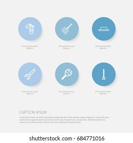 Set Of 6 Editable Equipment Outline Icons. Includes Symbols Such As Snow Trowel, Spanner, Spade And More. Can Be Used For Web, Mobile, UI And Infographic Design.