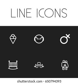 Set Of 6 Editable Family Icons. Includes Symbols Such As Bedstead, Female Sign, Cat And More. Can Be Used For Web, Mobile, UI And Infographic Design.