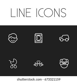 Set Of 6 Editable Family Icons. Includes Symbols Such As Daddy, Car, Laundress And More. Can Be Used For Web, Mobile, UI And Infographic Design.