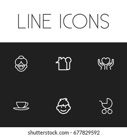 Set Of 6 Editable Folks Icons. Includes Symbols Such As Grandma, Heart In Hand, Key. Can Be Used For Web, Mobile, UI And Infographic Design.