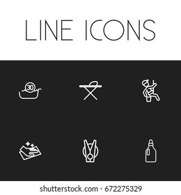 Set Of 6 Editable Hygiene Icons. Includes Symbols Such As Laundry Pin, Window Cleaner, Washing Liquid And More. Can Be Used For Web, Mobile, UI And Infographic Design.