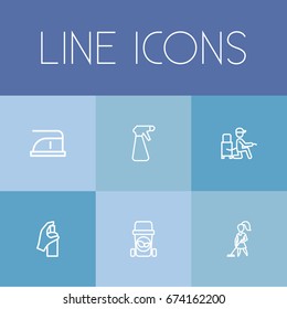 Set Of 6 Editable Hygiene Icons. Includes Symbols Such As Vacuuming, Cleanser, Housekeeping And More. Can Be Used For Web, Mobile, UI And Infographic Design.