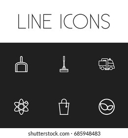 Set Of 6 Editable Hygiene Outline Icons. Includes Symbols Such As Leaves, Bucket, Alternative Energy And More. Can Be Used For Web, Mobile, UI And Infographic Design.