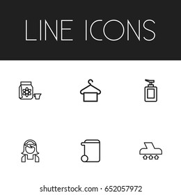 Set Of 6 Editable  Icons. Includes Symbols Such As Suspender, Dangerous Reagent, Trash Can And More. Can Be Used For Web, Mobile, UI And Infographic Design.