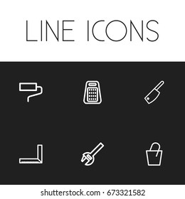 Set Of 6 Editable Instrument Icons. Includes Symbols Such As Butcher Knife, Measurement, Wrench And More. Can Be Used For Web, Mobile, UI And Infographic Design.