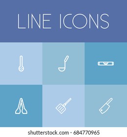 Set Of 6 Editable Instrument Outline Icons. Includes Symbols Such As Tongs, Butcher Knife, Balance And More. Can Be Used For Web, Mobile, UI And Infographic Design.