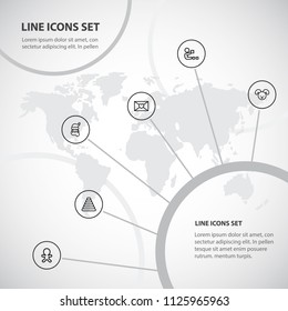 Set of 6 editable kin icons line style. Includes symbols such as mail, voodoo doll, blocks game and more. Can be used for web, mobile, UI and infographic design.