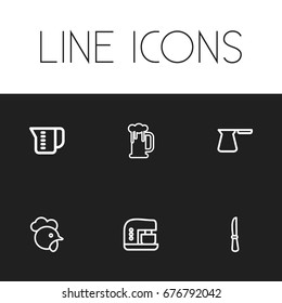 Set Of 6 Editable Meal Icons. Includes Symbols Such As Beer, Cezve, Kitchen Knife And More. Can Be Used For Web, Mobile, UI And Infographic Design.