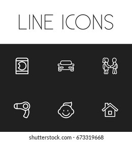 Set Of 6 Editable Relatives Icons. Includes Symbols Such As Automobile, Dryer, Friends And More. Can Be Used For Web, Mobile, UI And Infographic Design.
