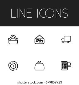 Set Of 6 Editable Shopping Outline Icons. Includes Symbols Such As Money Purse, Card Reader, Call And More. Can Be Used For Web, Mobile, UI And Infographic Design.