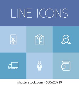 Set Of 6 Editable Shopping Outline Icons. Includes Symbols Such As Online Trade, Woman Face, Truck And More. Can Be Used For Web, Mobile, UI And Infographic Design.