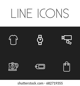 Set Of 6 Editable Shopping Outline Icons. Includes Symbols Such As Surveillance , T-Shirt, Handbag. Can Be Used For Web, Mobile, UI And Infographic Design.