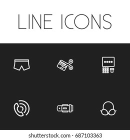 Set Of 6 Editable Shopping Outline Icons. Includes Symbols Such As Cutting, Call, Belt And More. Can Be Used For Web, Mobile, UI And Infographic Design.