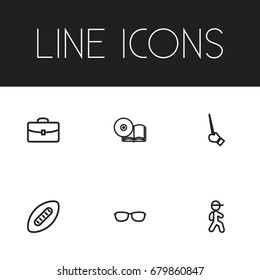 Set Of 6 Editable Teach Outline Icons. Includes Symbols Such As Goggles, Case, Hand. Can Be Used For Web, Mobile, UI And Infographic Design.