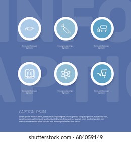 Set Of 6 Editable Teach Outline Icons. Includes Symbols Such As Academic Hat, Stand , Formula. Can Be Used For Web, Mobile, UI And Infographic Design.