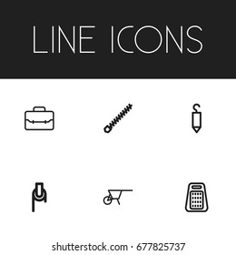 Set Of 6 Editable Tools Icons. Includes Symbols Such As Handcart, Grater, Portfolio. Can Be Used For Web, Mobile, UI And Infographic Design.