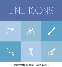 Set Of 6 Editable Tools Outline Icons. Includes Symbols Such As Rotating Bit, Medical Shear, Jackknife And More. Can Be Used For Web, Mobile, UI And Infographic Design.