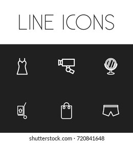 Set Of 6 Editable Trade Outline Icons. Includes Symbols Such As Dress, Surveillance, Mirror And More. Can Be Used For Web, Mobile, UI And Infographic Design.