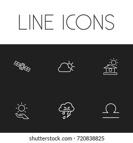 Set Of 6 Editable Weather Outline Icons. Includes Symbols Such As Solar In The Palm, Goat, Thunderstorm And More. Can Be Used For Web, Mobile, UI And Infographic Design.