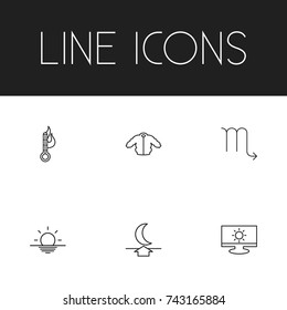Set Of 6 Editable Weather Outline Icons. Includes Symbols Such As Temperature, Monitor, Zodiac Sign And More. Can Be Used For Web, Mobile, UI And Infographic Design.