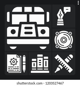 Set of 6 education filled icons such as speaker, instructions, pen, school bus, books