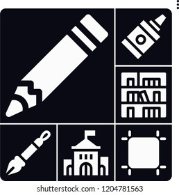 Set of 6 education filled icons such as artboard, pen, bookshelf, pencil, glue
