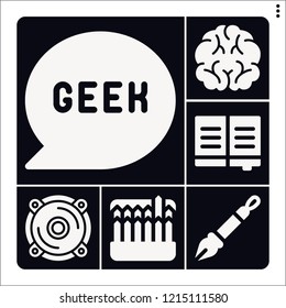 Set of 6 education filled icons such as book, brain, speaker, geek, pencil