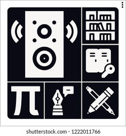 Set of 6 education filled icons such as pencil, pen, pi, lockers, bookshelf