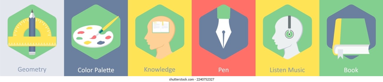 A set of 6 Education icons as geometry, color palette, knowledge