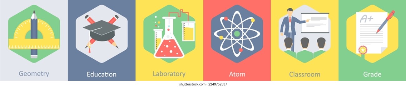 A set of 6 Education icons as geometry, education, laboratory