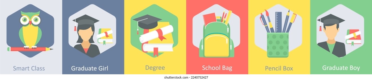 A set of 6 Education icons as graduate girl, smart class, degree