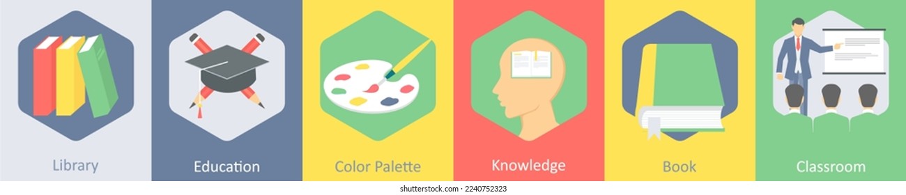 A set of 6 Education icons as library, education, color palette